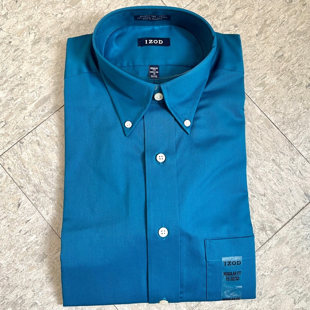 IZOD Men's Long Sleeve Dark Teal Color Button Front Dress Shirt Size 15, 32/33